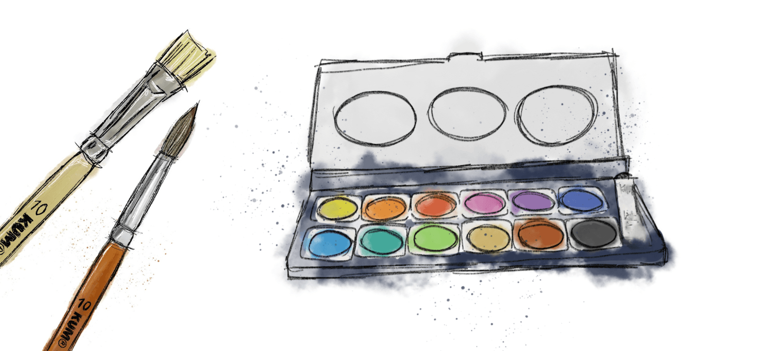 Illustration von zwei KUM Pinseln und einem Farbmalkasten mit Aquarellfarben